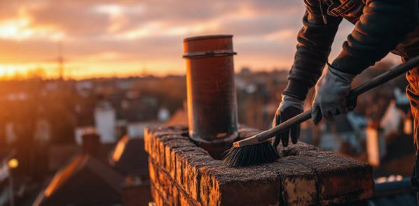 Chimney sweep finishing a flue at dusk over Staten Island