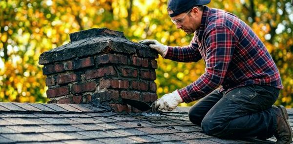 Mason mending storm-damaged courses on a chimney stack